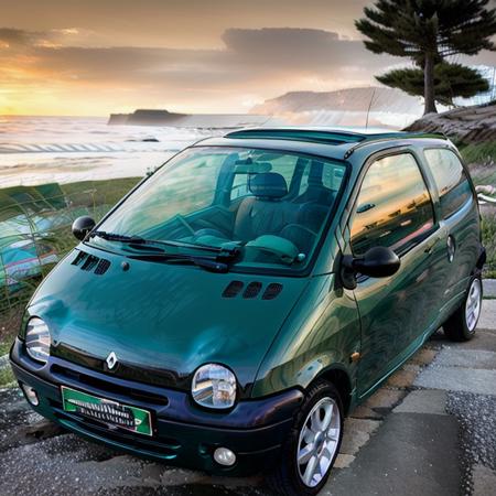 Twingo,  pearly green, beach, sunset, photography, trending on artstation, sharp focus, intricate details, highly detailed, by greg rutkowski   <lora:Twingo:0.9>