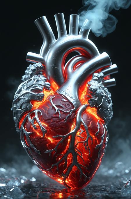 A hyper-realistic, ultra-HD rendering of an anatomically correct human heart, forged from molten titanium and liquid mercury. The surface pulses with an eerie bioluminescent glow, veins of glowing red lava coursing through its metallic structure. Surrounding the heart is a swirling mist of cryogenic vapor, where icy shards float mid-air, contrasting the intense heat of the molten core. Delicate crystal flowers bloom from the arteries, their translucent petals refracting light like prismatic glass. A surreal fusion of organic anatomy and futuristic metallurgy, illuminated by dramatic neon highlights, hyper-detailed and cinematic.