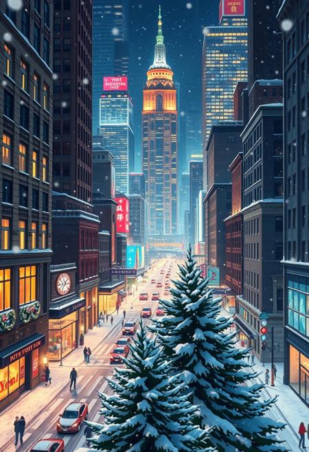 Christmas at night in another world, snowing, real high quality. A vibrant anime depiction of New York at night, with neon lights reflecting off skyscrapers and bustling streets, streets full of snow, snow falling from the sky, a mix of traditional and modern architecture, Christmas trees in the foreground.