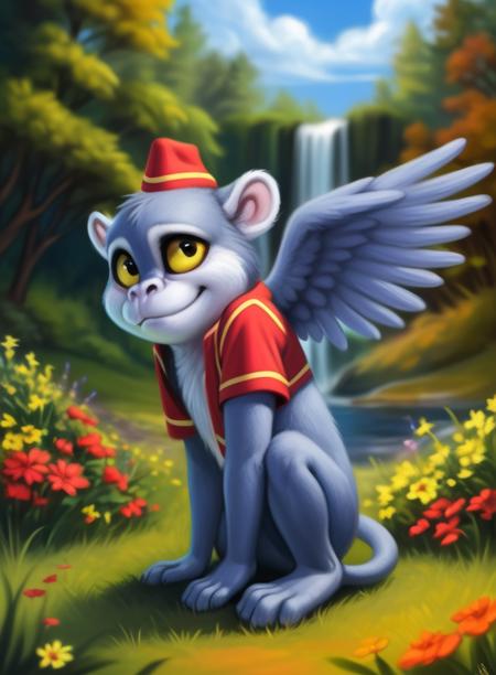 FrankDorTheWiz, monkey, ((wings,) blue fur,) chibi, small body,  yellow sclera, vest, red-black vest, red-black hat,