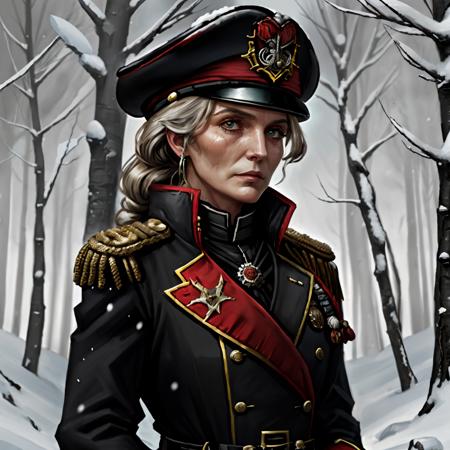 warhammer_40k_commissar, woman, black uniform, ((snowstorm)) forest, red sash, ((old, wrinkles, eyebags))
 <lora:warhammer40commissarv2:1>,  AS-Elderly,