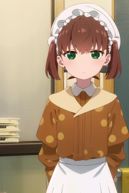 naesaikawa, <lora:nae saikawa s2-lora-nochekaiser:1>,
nae saikawa, bangs, brown hair, hair between eyes, twintails, (green eyes:1.3),
BREAK skirt, shirt, long sleeves, hat, collared shirt, apron, white headwear, polka dot, waist apron, white apron, frilled apron, brown shirt,
BREAK indoors,
BREAK looking at viewer, 
BREAK <lyco:GoodHands-beta2:1>, (masterpiece:1.2), best quality, high resolution, unity 8k wallpaper, (illustration:0.8), (beautiful detailed eyes:1.6), extremely detailed face, perfect lighting, extremely detailed CG, (perfect hands, perfect anatomy),