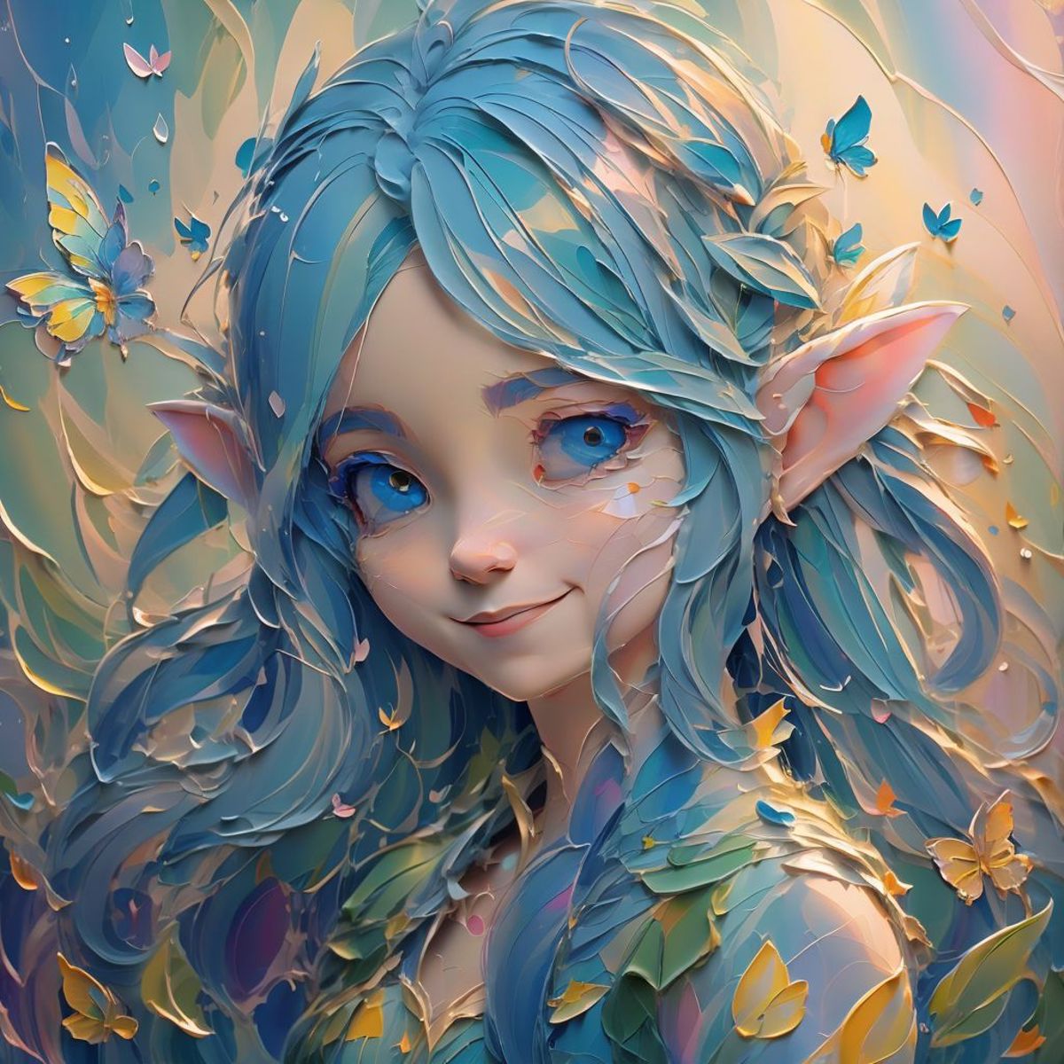 A beautiful blue and purple girl with butterflies and flowers around her.
