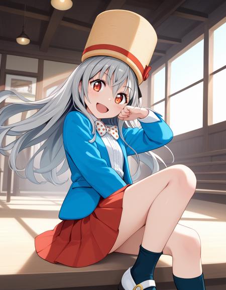 umami-chan, long hair, grey hair, red eyes, hat,   white bowtie, polka dot, blue jacket, jacket, mary janes, long sleeves, red skirt, pleated skirt, black kneehighs, white footwear, uwabaki