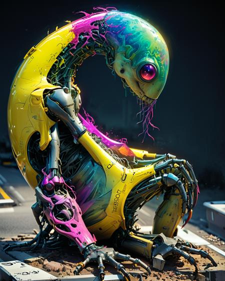 (alien non-anthropomorphic bioengineered creature working on a computer:1.8), (road closed sign:1.9), transparency:1.4, (detailed cybernetic implants fused with organic matter:0.5), full body, (with intensely vibrant swirling colors:1.9), realistic photo, <lora:add-detail-xl:1.0> ,  <lora:artialien:1> artialien