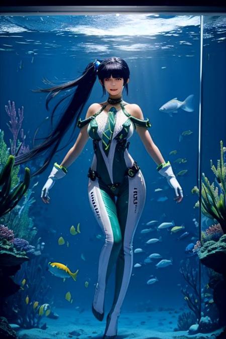 ((masterpiece)),(highres:1.1),4k , 8k,HD,(ultra detailed),vivid colors, underwater, intricately connected tubes, float in the water, (a girl is in a glass tube), smile, large breasts, nude legs, nude breast, long pony hair, black hair, perfect body, wide hip, narrow waist, full body, in the water, bubble, colorful, aquarium, <lora:lemon0029-Stellar Blade Eve Costume 1_v1:0.8> lemon0029, green bodysuit,green necktie,choker,see-through,fingerless gloves,clothes writing,mechanical parts,white gloves