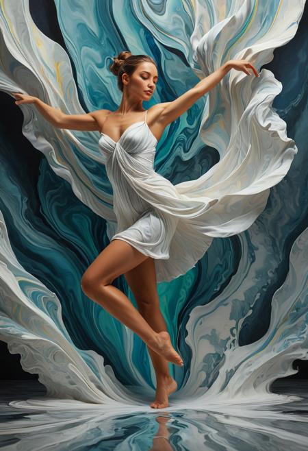 liquid marble, A dancer in a theatrical pose, their body rendered in muscular Szukalski-style precision, yet wrapped in swirling Fauvist patterns
photorealism meets painterly abstraction, soft blurred edges, atmospheric depth, layered textures, muted yet dynamic color palette, motion and stillness interplay, expressive brushstrokes over realistic forms, ethereal lighting, dreamlike yet grounded compositions, subtle distortion, emotional ambiguity, contemporary fine art aesthetics, balance of control and spontaneity