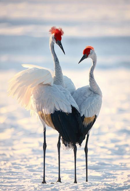 "Two elegant white cranes with black markings on their wings and necks, and distinctive red crowns on their heads, are captured in a moment of interaction on a snowy ground. One crane has its wings partially spread, revealing the intricate patterns of black feathers against the white, while the other crane stands close by with its wings folded. Their long, slender black necks curve gracefully, and their sharp beaks are visible. The background is a soft, out-of-focus expanse of white, suggesting a winter environment. The lighting is soft and diffused, highlighting the textures of the birds' feathers and the subtle undulations of the snow."
8k hyper realistic,splash of wine,sunset celestial