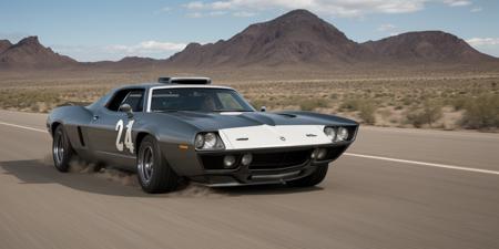 Create an ultra-detailed and realistic image of a custom car, created with parts from many muscle cars, with aerodynamic lines from 1972, but armored with bulletproof plates, with two heavy artillery machine guns on the roof. The car is metal color, with black tinted windows. It is captured in motion with motion blur at full speed through a desert, daylight. The photograph is captured with an Arri Alexa camera, with a zoom lens.