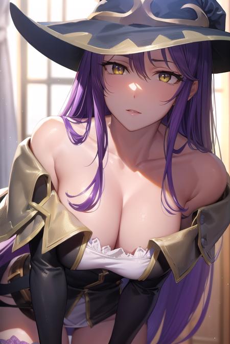 witch, <lora:witch-lora-nochekaiser:1>,
witch, long hair, purple hair, (yellow eyes:1.5),
BREAK thighhighs, gloves, hat, dress, cleavage, bare shoulders, elbow gloves, witch hat, (pelvic curtain:1.2), purple thighhighs,
BREAK indoors,
BREAK looking at viewer, (cowboy shot:1.5),
BREAK <lyco:GoodHands-beta2:1>, (masterpiece:1.2), best quality, high resolution, unity 8k wallpaper, (illustration:0.8), (beautiful detailed eyes:1.6), extremely detailed face, perfect lighting, extremely detailed CG, (perfect hands, perfect anatomy),