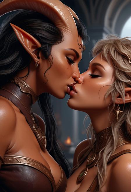 best quality, detailed realistic photo, realistic, hyperrealistic, 
tiefling woman, elf woman, kissing