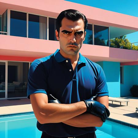 devastatingly handsome Miami blood spatter analyst in a polo shirt, thick dark eyebrows, close-set eyes with thick lashes, bedroom eyes that are completely empty and soulless, European nose, angular face with square jaw, perfect proportions, standing and looking directly at viewer with intense Kubrick stare, head tilted slightly down while eyes look up, unsettling fixed gaze with no emotion behind the eyes, wearing black leather gloves, holding a scalpel, arms at his side with hands hanging at waist level, handsome facade masking complete emptiness,, vibrant acrylic painting style, bold flat colors, clean geometric compositions, bright California sunlight, crisp shadows, modernist architecture, swimming pool blue tones, perfectly manicured landscapes, mid-century modern aesthetic, saturated color palette, smooth gradients, minimal detail work, contemporary pop art influence, architectural precision, optimistic 1960s atmosphere,