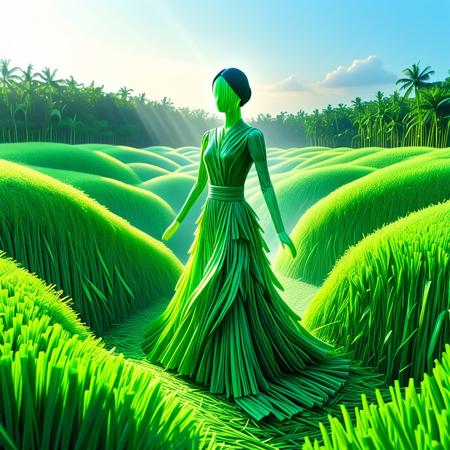 A surreal animated scene: A life-sized female figure, seemingly sculpted entirely from tightly bound golden straw, stands within a vast, vibrant green rice paddy. Subtle movements animate her straw form – individual stalks rustle gently as if caught by a phantom breeze, and the straw-woven fabric of her clothing flows and ripples in a slow, mesmerizing dance. The light shifts subtly across her textured surface, creating a play of shadows and highlights. In the background, the endless expanse of lush green rice plants sways rhythmically, creating a wave-like motion. The soft, diffused light of dawn or dusk casts long, ethereal shadows that subtly lengthen and shorten. Dust motes or tiny, glowing particles drift lazily through the still air, carrying a hint of the earthy scent of the rice field. The overall feeling is dreamlike and slightly uncanny, the straw figure a silent, organic part of the animated landscape, her stillness juxtaposed with the gentle, continuous movement around her.
High resolution, perfect quality, 4k,