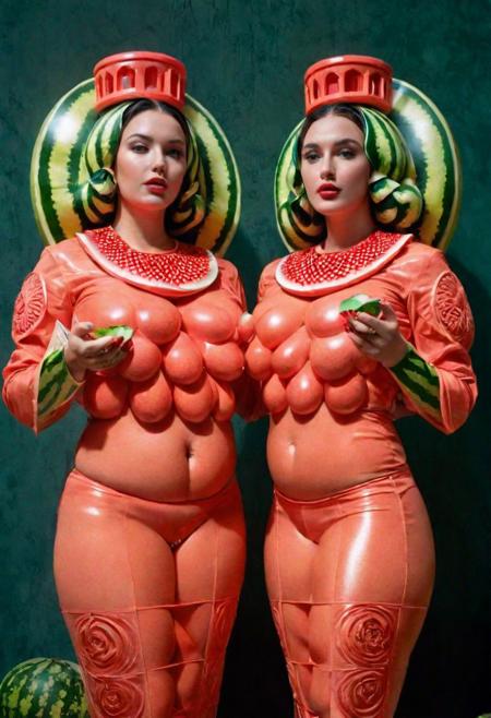 A waist up extremely erotic photograph, two sexy busty horny, temple priestesses l, are eating a watermelon, in the brand new shiney colorfully painted, futuristic sacred temple of Artemis. 1970s Brazilian Tropicalia retrofuturism, Leica M3, 50mm lens, technicolor