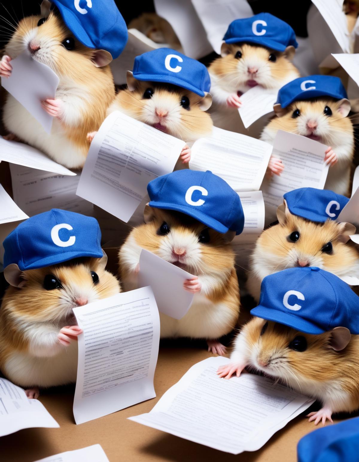 A group of hamsters wearing blue hats and reading papers.