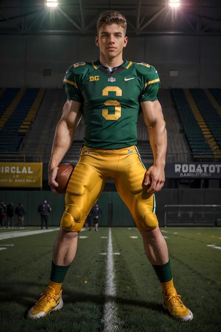 On a football field, holding a football, ConnorPeters, American football player wearing (green and gold football uniform), green jersey, (((full body portrait))), full body shot, wide angle   <lora:ConnorPeters:0.75>