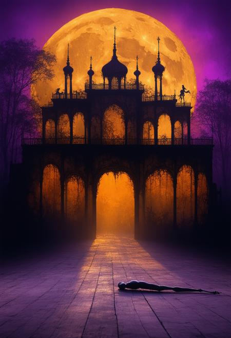 A colossal, antique shadow puppet theater, silhouetted against a vibrant, otherworldly sunset. Moonlight spills through cracks in the structure, creating intricate patterns on the stage. A single, antique puppet lies discarded on the ground. Style of Jan Svankmajer meets Alphonse Mucha, blending stop-motion animation aesthetics with Art Nouveau elegance. Predominantly deep oranges and purples, with highlights of silver from the moonlight. Hyperrealistic texture, volumetric lighting, cinematic composition, sense of whimsical storytelling and fading magic.