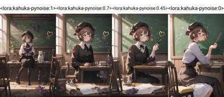 kahuka1,glasses, book, 1girl, hat, short hair, sitting, fruit, brown hair, heart, grapes, food, indoors, cat, chalkboard
 <lora:kahuka-pynoise:1>