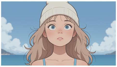 masterpiece, amazing quality, very aesthetic, absurdres, newest, 1girl, woman, beanie, messy hair, light brown hair, blue eyes, a summer time beach, white border, outlined, studio_ghibli , m1nma_sty, minimalistic