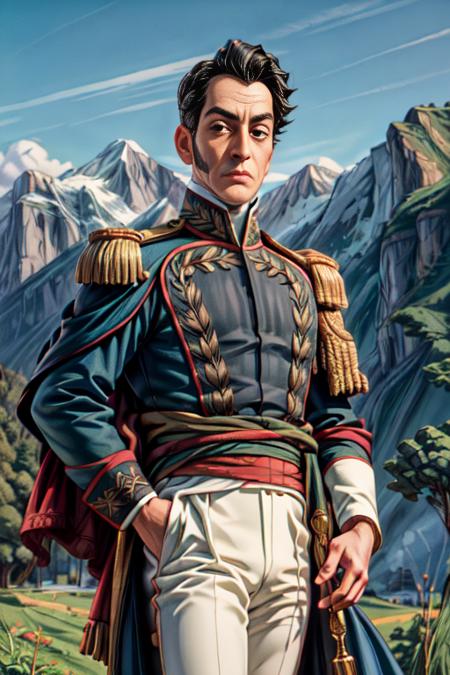 <lora:simonbolivar-08:0.7> simonbolivar  (best quality, masterpiece, ultra-detailed:1.2), 1boy ,solo,looking at viewer, black hair  <lora:more_details:1> ( sharp:1.2) ,(with a passage of plain and green nature in the background:1.1)