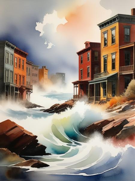 <lora:09WatercolorPainting_Hap_XL:1.6>,Winslow Homer style, watercolor painting, watercolor, oil painting,watercolor oil painting, (3d Frame, seascape) ghost town, multi-colored volumetric fog made of crazy marbled paper