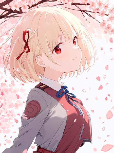 <lora:qianshux_xl:1>,1girl, solo, ribbon, red_eyes, short_hair, nishikigi_chisato, lycoris_uniform, blonde_hair, red_ribbon, dress, hair_ribbon, blue_ribbon, red_dress, neck_ribbon, v, bangs, smile, two-tone_dress, cherry_blossoms, looking_at_viewer, petals, bob_cut, upper_body, long_sleeves, grey_dress, white_background, shirt, belt, closed_mouth, collared_shirt, white_shirt, red_belt