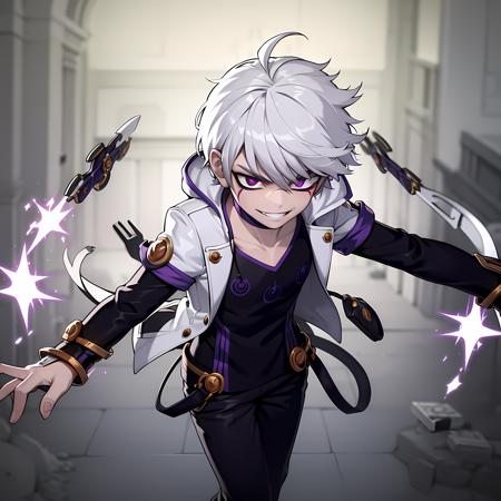 ((masterpiece, best quality)),(complex light), 1boy, solo, full body, white hair,  Edward Grenore ,<lora:TheGooder_Add_elsword2-1:0.7>, facial mark on left eye, purple  z shaped scar under left eye, grin, floating weapon, nasod dynamo