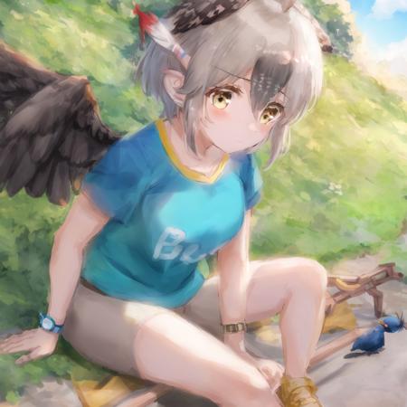 kusomeepchan, 1girl, ((solo)), shirt, beige hair, short sleeves, head wings, bird tail, beige bike shorts, short hair, hair between eyes, aqua t-shirt, shirt writing, bangs, hair tubes, yellow eyes, feather hair ornament, sidelocks, bare arms, watch, detailed shading, detailed ambient light