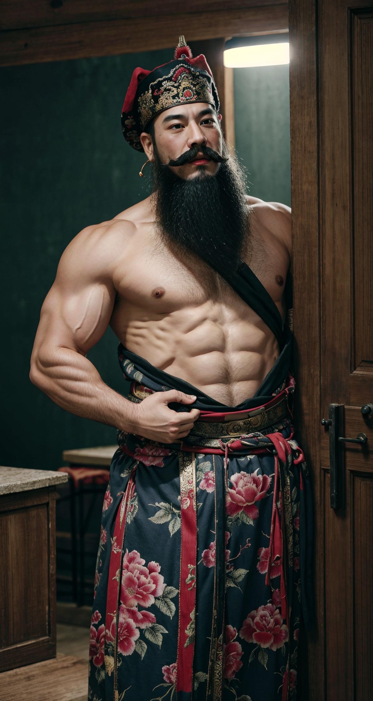 Man in a floral print skirt pulling up his shirt to show off his muscles.