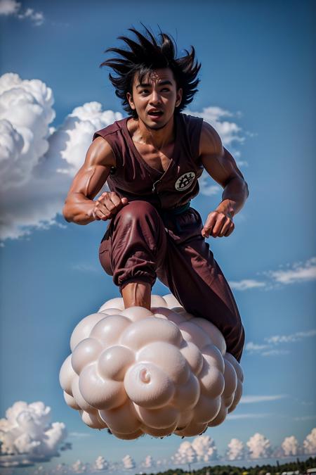 <lora:FlyingNimbus_V1a:0.5>, <lora:sonGokuLora_offset:0.7>, a man is riding a cloud, flying nimbus, son goku, best quality, photo realistic, extra detailed face, best quality