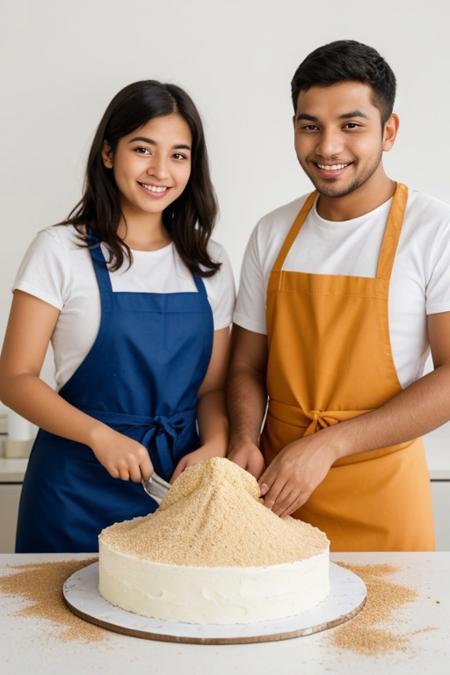 Cheerful young woman and man mixing flour, on a table. "Isolated on white background", "wide shot", apron, sri lankan, uncropped, looking at the cake, holding a cake