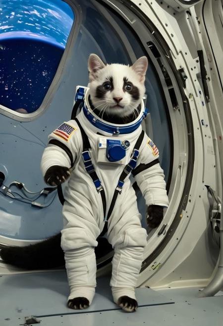 A very beautiful kitten baby panda wear a space suit inside internation space station