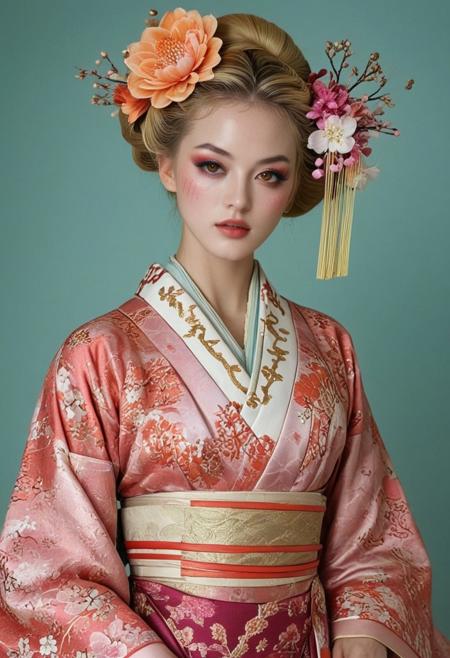 swiss model Julie ordon dressed and make up like a 18th century japanese geisha