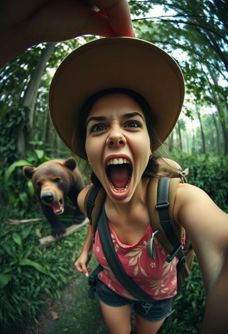 Selfie, fisheye lens, photorealistic girl traveller screaming and running : in the background, angry bear, jungle