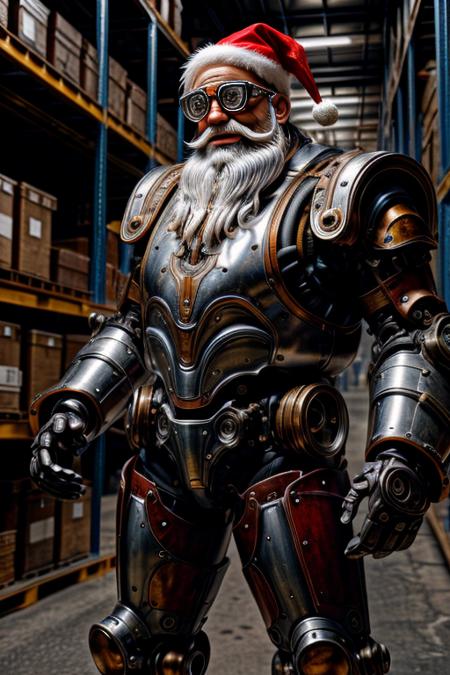 robort,old man in steampunk robotic armor,80yo, realistic face,evil ,grin,(detailed white beard), mechanical,steel armored suit,cogs,(full body shot),goggles,santa claus hat,red metal armor,dark warehouse,lots of steel crates in background, from above,
masterpiece,wallpaper,8k,low contrast,unreal,realistic skin texture,dslr,detailed, wide angle, <lora:FINAL Robort:0.8>   <lora:more_details:0.8>