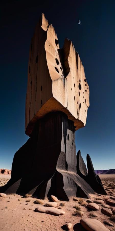 Surrealistic professionnal photography of a alien rocky landscape, gigantic black brutalist monolith, crevices, fissures, spikes, black sky, eerie, masterpiece, rough edges, extra detailed, film grain, award winning art, excellent quality <lora:xl_more_art-full_v1:0.4>