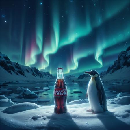 kekokelev2, a penguin standing next to a bottle of coca cola in the snow with an aurora bore in the background, no humans, star, (sky), penguin, aurora, bird, starry sky, outdoors, scenery, night, bottle, night sky, animal, mountain,
Best quality,masterpiece,ultra high res,<lora:20231217-1702820058385-0020:0.7>,