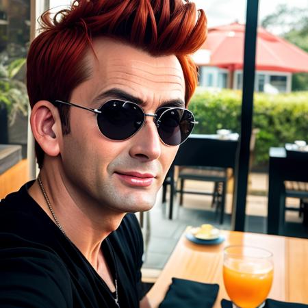 gocrow, RAW photo, a portrait photo of a man in a black tshirt, table in the background, diner, with sunglasses, (long face), close up, sprawled in a restaurant booth, extremeley detailed face, (high detailed skin:1.2), 8k uhd, dslr, soft lighting, high quality, film grain, Fujifilm XT3