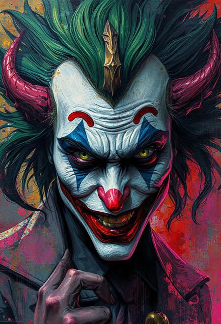 Beautiful portrait of a mystical joker, by Minjae Lee and Don Marco. Styled by Russ Mills. Explosive expressive colors, powerful, impactful, Yossi Kottler surrealism.
