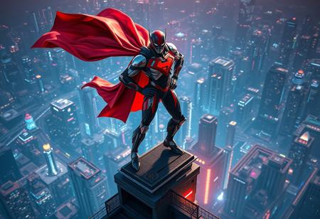 A dynamic concept art masterpiece of a formidable cyborg superhero poised majestically on a precarious rooftop ledge, overlooking a sprawling futuristic metropolis. The cyborg's vibrant red and black superhero costume, intricately designed with a sleek black belt and a majestic red and black cape frozen mid-flow, radiates power and purpose. Their hands are firmly on their hips, projecting an aura of resolute determination and readiness for action. The attractive background reveals a multi-layered city skyline, illuminated by neon glows and holographic projections, creating a stunning visual contrast. This CGSociety and Artstation trending image is a beautiful matte painting with sharp lines and distinct brush strokes, employing stunning, harmonious multi-colored hues. Rendered with the contemporary aesthetics of Unreal Engine 5 and Houdini style, it exhibits a 3D sculpted structure, intricate and ornate details, isometric perspective, and a dynamic action pose. The composition is impeccable, with a creative angle that captures the essence of a powerful message and vivid emotions, all handcrafted with precision.