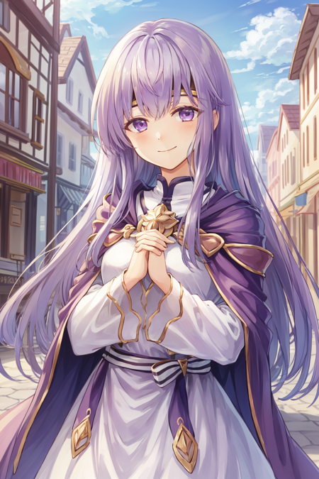 masterpiece, best quality, julia fe,  <lora:Julia_FE-10:1>, 1girl, solo, long hair, looking at viewer, smile, (town scenery), long sleeves, dress, closed mouth, upper body, wide sleeves, cape, own hands together, circlet