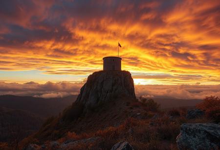 A tower of solitude in the mountains, a dramatic sunset sky filled with layered clouds, surrounded by autumn vegetation and rocky hills. Epic photography by Evgeni Dinev.