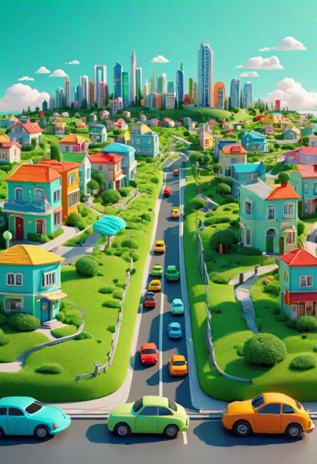 advertisement with a city with streets with cars, green grass, mother, father, in the style of cute cartoonish designs, dreamlike visuals, soft sculptures, webcam, bright colors, bold shapes, coastal landscapes, capturing moments