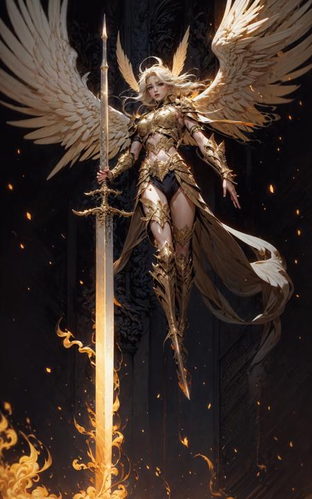 angel,Super powerful flame angel flies out of the clouds, behind him is golden meteor magic surrounding his body, Gothic style, gorgeous golden armor, huge flame great sword, rich background, sword art background, film shooting, depth of field, Super visual, Super visual ,
bare shouldersexposed abdomenFlamboyant armourAngel wings. Huge angel wings
<lora:~Q?-]RQY'Y)OV2 angel:0.8>