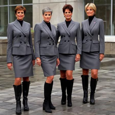 three 55-year-old businesswomen, extremely short hair, wearing grey double-breasted skirt suits with large buttons and black trim, wearing black knee-high boots