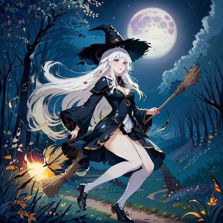 1girl, Tattered clothes, long white hair, white stockings, white large witch hat, witch costume, Ride broomstick, fantasy, light, magic, moon