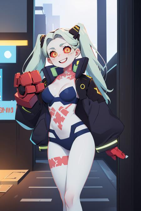 cprebecca colored skin white skin green hair twintails artificial eye colored sclera red sclera black jacket bra panties