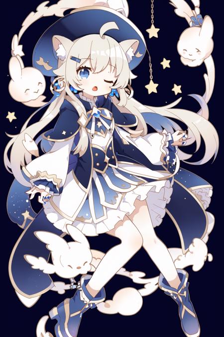 1girl, solo, one eye closed, ahoge, braid, blue eyes, star (symbol), blue nails, boots, full body, bow, animal ears, jewelry, long hair, looking at viewer, nail polish, fur trim, open mouth, multicolored hair, blue headwear, dress, ;o, puffy sleeves, cape, hair bow, hat, bangs, long sleeves, blue bow, hair ornament, blue hair, starry sky print, blue dress, blonde hair, blue cape, chain, very long hair, skirt, x hair ornament, wings, striped, blush, earrings, blue footwear, head wings, :o, constellation print, puffy long sleeves, blue skirt, striped bow, socks, constellation,  <lora:cute style:0.6>