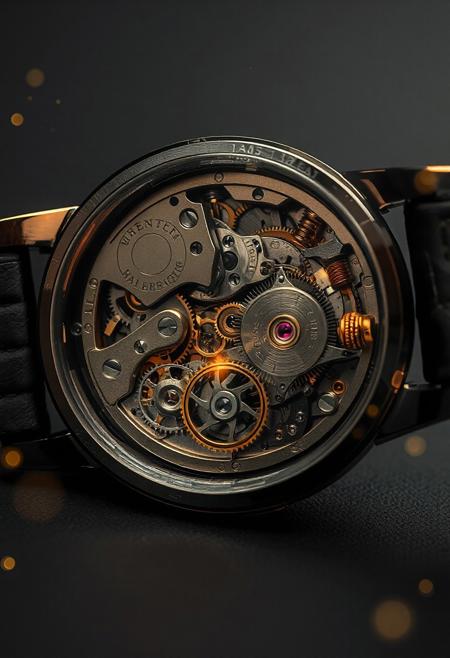 A highly detailed and photorealistic scene capturing the intricate internal workings of a mechanical watch, its delicate components exposed in stunning clarity. The watch’s interior reveals a complex network of tiny, polished gears, their surfaces etched with fine engravings, meshing seamlessly as they turn with precision. Golden springs and screws glint under soft light, while the balance wheel oscillates rhythmically, its ruby bearings glowing faintly with a deep red hue. The mainspring, tightly coiled, shines with a metallic sheen, and the escapement ticks with meticulous accuracy, each movement casting micro-shadows on the surrounding parts. The background is a sleek, matte black surface, emphasizing the watch’s metallic brilliance and intricate details. A subtle surreal element adds a mesmerizing touch—faint, glowing particles of golden light, like miniature stars, hover around the gears, their soft luminescence reflecting off the polished surfaces, creating an ethereal contrast with the mechanical precision. The scene feels both technical and magical, rendered with ultra-photorealistic precision, lifelike textures, and high contrast, optimized for FLUX.1 with sharp edges and cinematic depth, crafting a breathtakingly realistic view of a mechanical watch’s inner beauty.