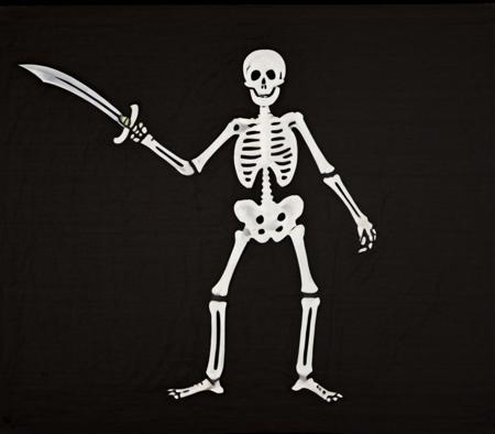 a skeleton holding up a cutlass, black field background, jolly roger